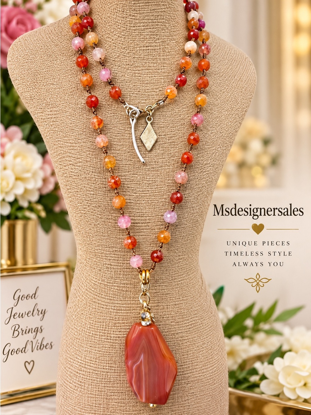Pink & Orange Agate Beaded Pendant Necklace